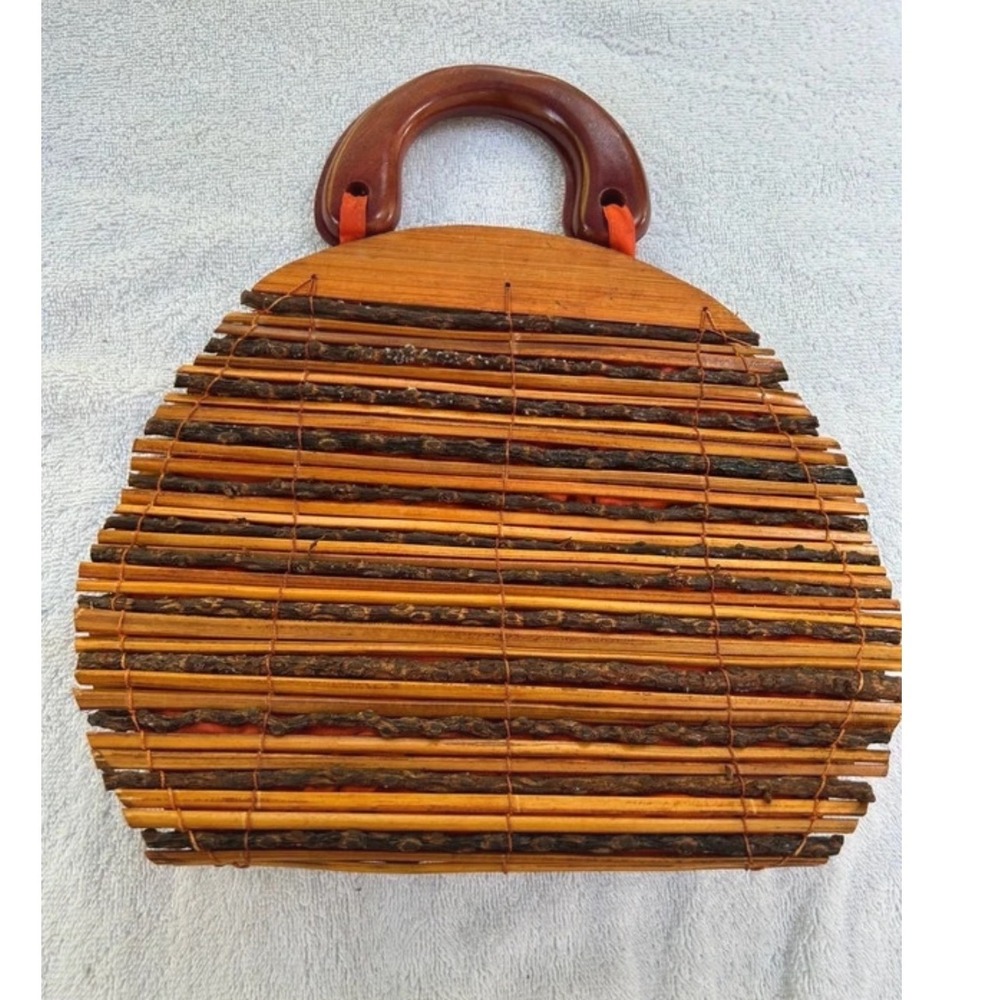 Vintage Handmade Wood Rattan Handbag Nature Lover Granola Wood Top Handle Bag
